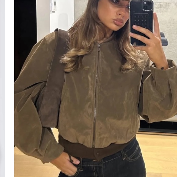 Women's Brown Suede Bomber Jacket- BRONZESNAKE - Picture 2 of 8